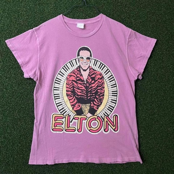 MadeWorn Elton John Crew Tee in Petal Pink Distressed Vintage Style - Picture 1 of 6